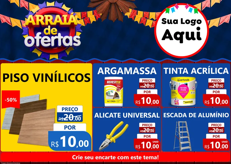 Modelo de Encarte para Encarte A4 Horizontal com o tema Arraiá de Ofertas para Material para Construção