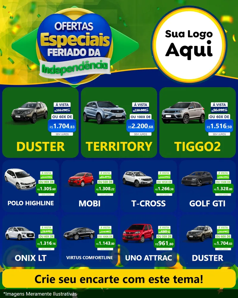 Modelo de Rede Social para Feed Instagram com o tema Ofertas Especiais Feriado da Independência para Concessionaria de Carros