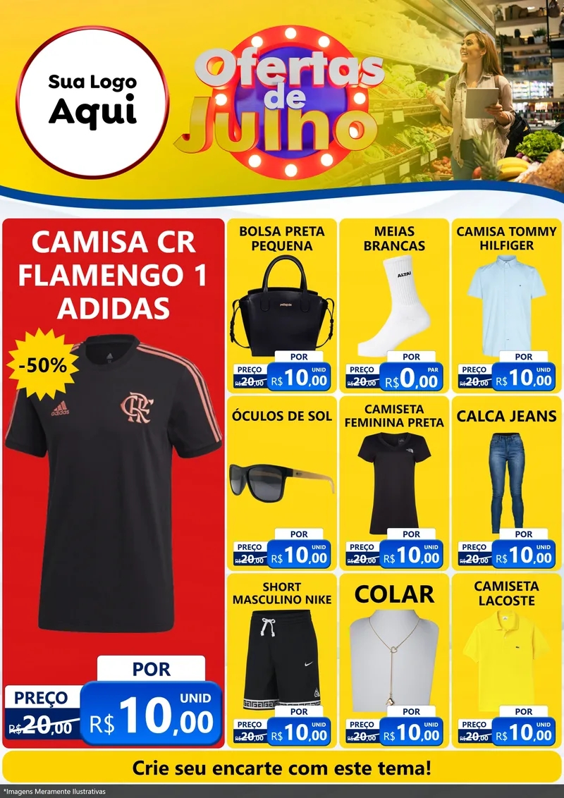 Modelo de Encarte para Encarte A4 Vertical com o tema Ofertas de Julho para Roupas e acessórios