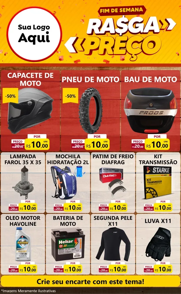 Modelo de Encarte para Encarte Grande com o tema Fim de Semana Rasga Preços para Moto peças