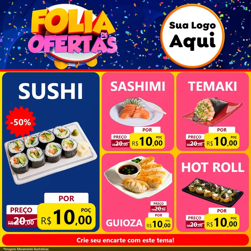 Modelo de Rede Social para Feed Facebook com o tema Folia de Ofertas para Comida japonesa