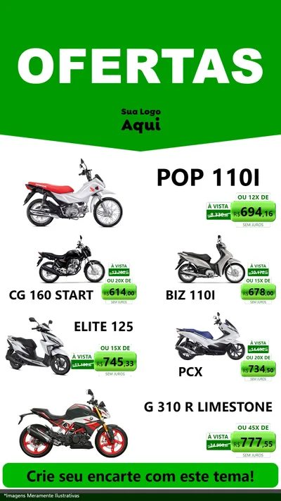 Modelo de TV para TV Vertical com o tema Ofertas Verde Cartaz para Concessionaria de Motos