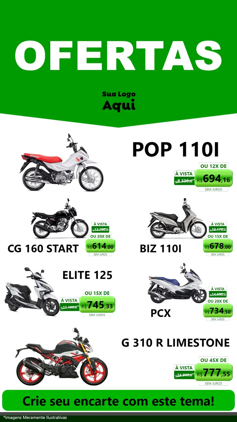 Modelo de TV para TV Vertical com o tema Ofertas Verde Cartaz para Concessionaria de Motos