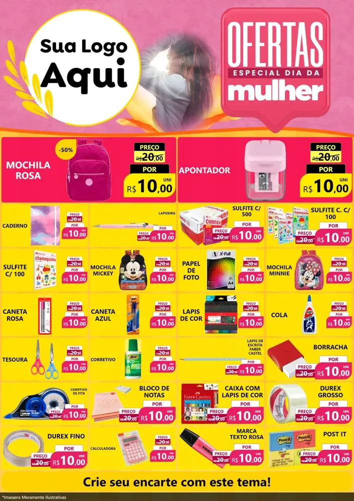Modelo de Encarte para Encarte A4 Vertical com o tema Ofertas - Especial Dia Das Mulheres para Papelaria