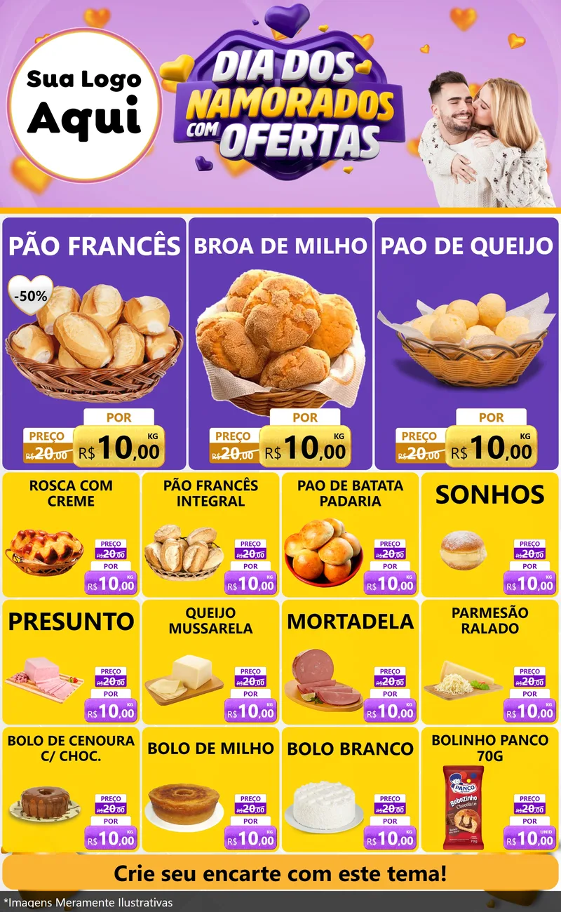 Modelo de Encarte para Encarte Grande com o tema Dia Dos Namorados Com Ofertas para Padaria