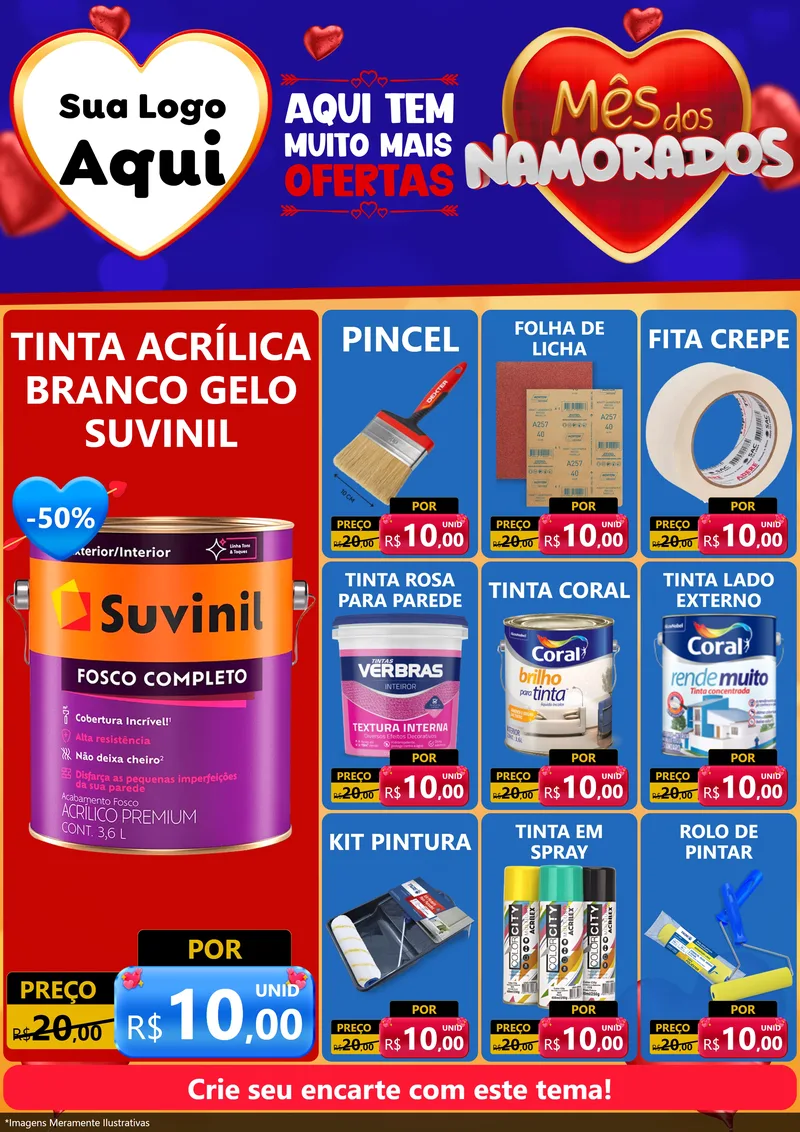 Modelo de Encarte para Encarte A4 Vertical com o tema Mês dos Namorados para Tintas e Ferramentas