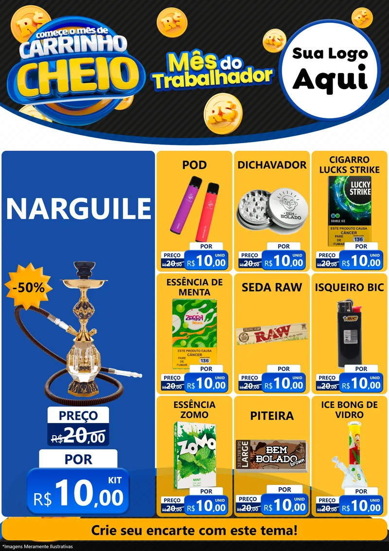 Modelo de Encarte para Encarte A4 Vertical com o tema Comece o Mês de Carrinho Cheio para Tabacaria