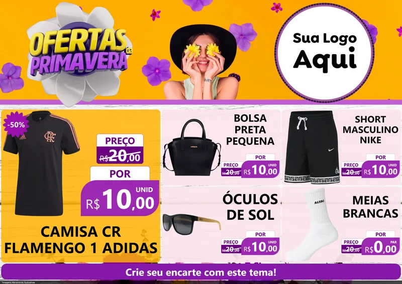 Modelo de Encarte para Encarte A4 Horizontal com o tema Ofertas Da Primavera para Roupas e acessórios