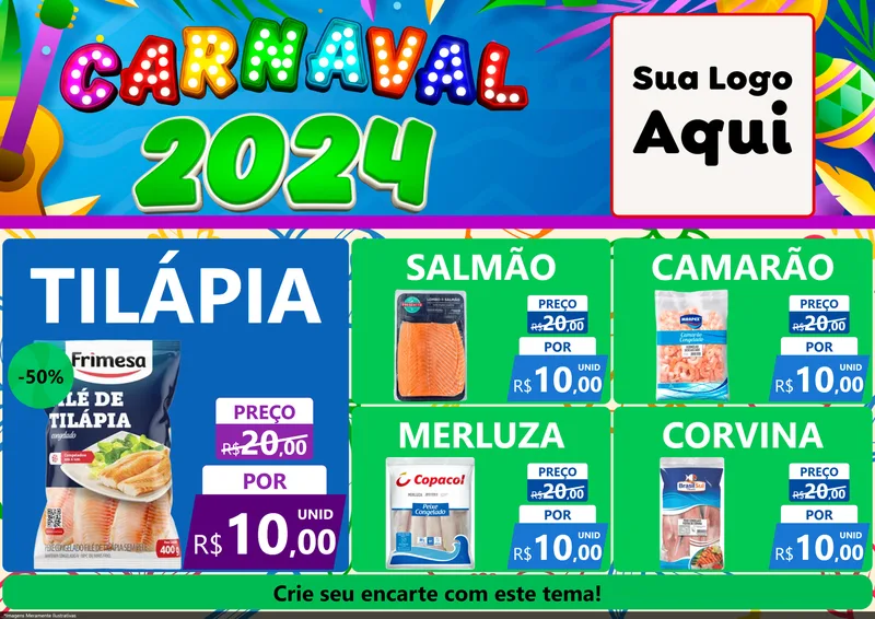 Modelo de Encarte para Encarte A4 Horizontal com o tema Carnaval 2027 para Peixaria