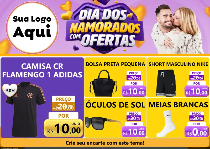 Modelo de Encarte para Encarte A4 Horizontal com o tema Dia Dos Namorados Com Ofertas para Roupas e acessórios