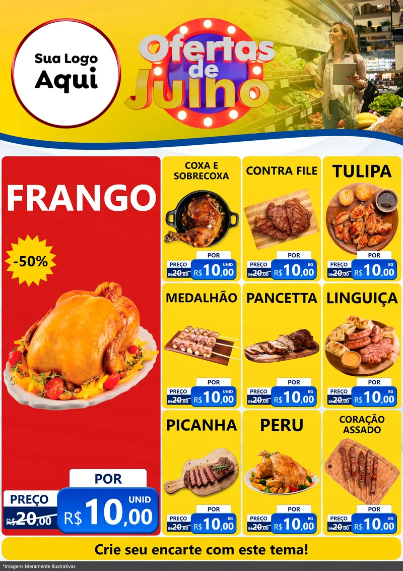Modelo de Encarte para Encarte A4 Vertical com o tema Ofertas de Julho para Assados