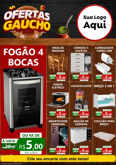 Modelo de Encarte para Encarte A4 Vertical com o tema Ofertas Dia do Gaúcho para Móveis e Eletro