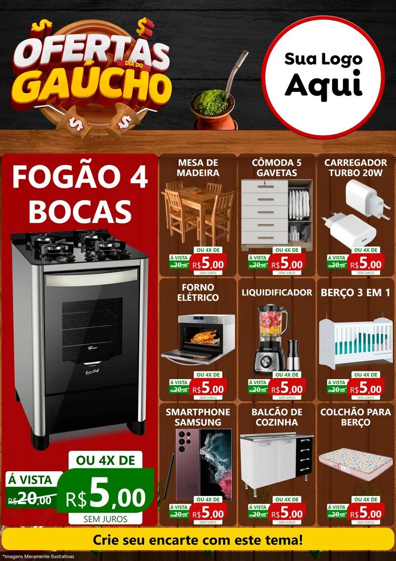 Modelo de Encarte para Encarte A4 Vertical com o tema Ofertas Dia do Gaúcho para Móveis e Eletro