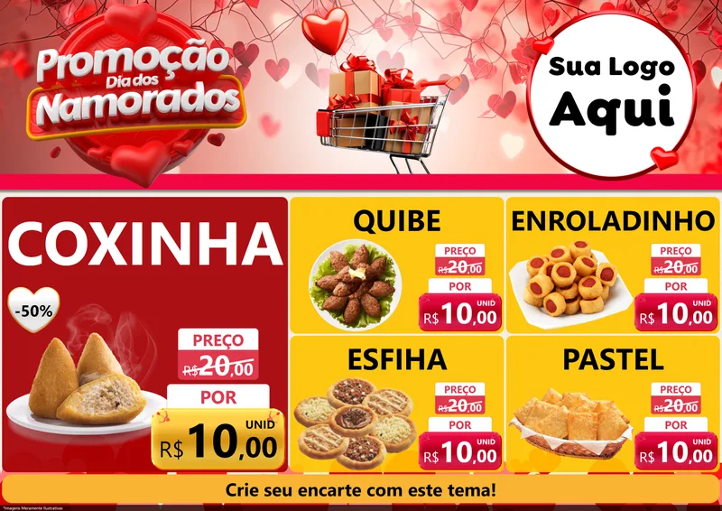 Modelo de Encarte para Encarte A4 Horizontal com o tema Promoção Dia dos Namorados para Salgadaria