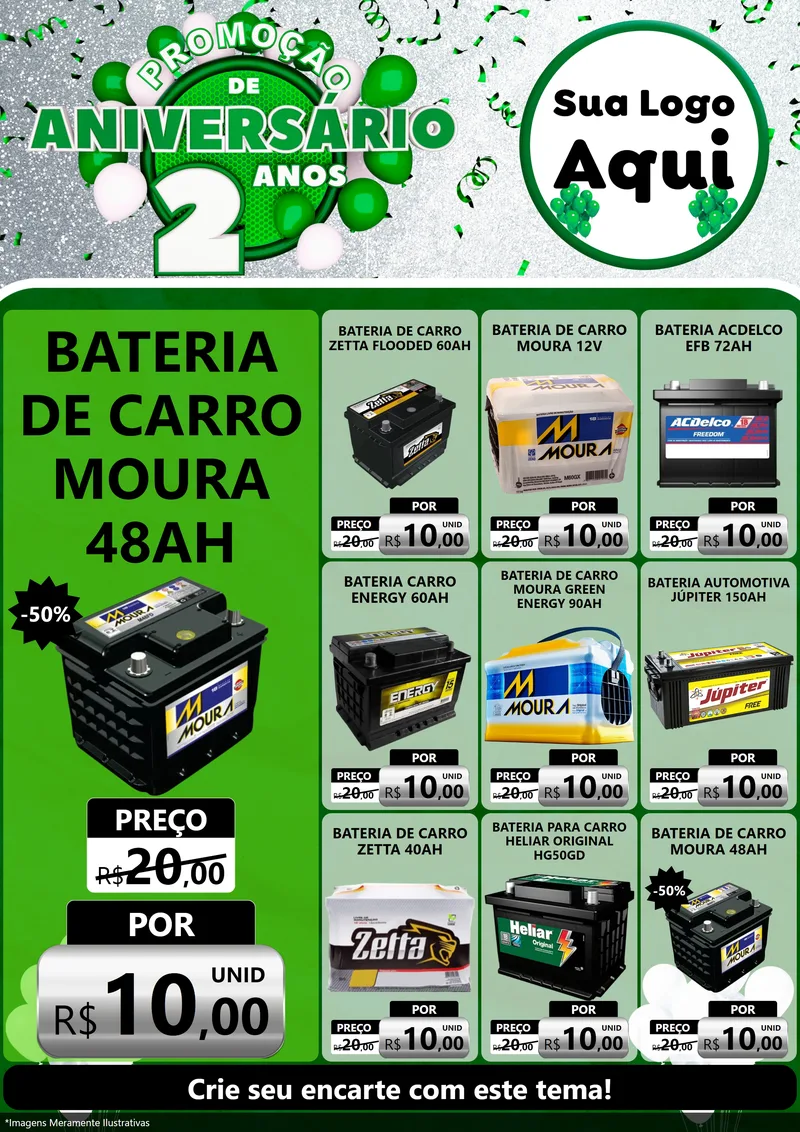 Modelo de Encarte para Encarte A4 Vertical com o tema Promoção de Aniversário - 2 Anos para Baterias Elétricas