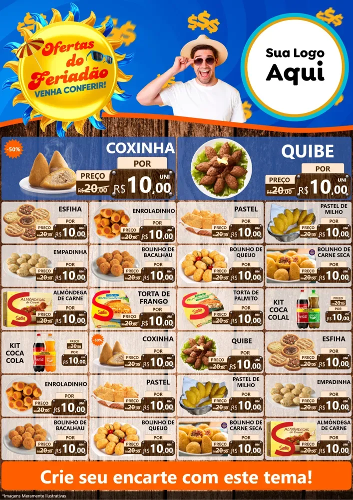 Modelo de Encarte para Encarte A4 Vertical com o tema Ofertas do Feriadão para Salgadaria