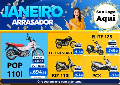 Modelo de Encarte para Encarte A4 Horizontal com o tema Janeiro Arrasador para Concessionaria de Motos