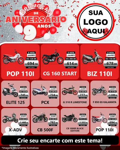 Modelo de Rede Social para Feed Instagram com o tema Promoção de Aniversário - 9 Anos para Concessionaria de Motos