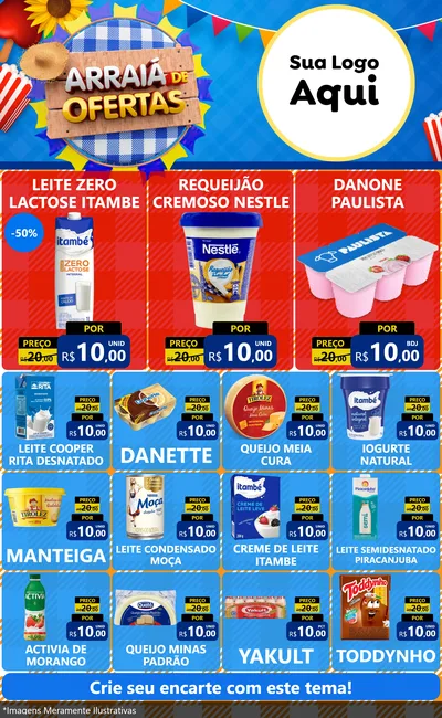 Modelo de Encarte para Encarte Grande com o tema Arraiá de Ofertas para Frios e Laticínios