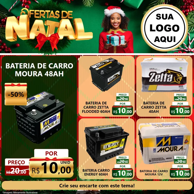Modelo de Rede Social para Feed Facebook com o tema Ofertas de Natal para Baterias Elétricas