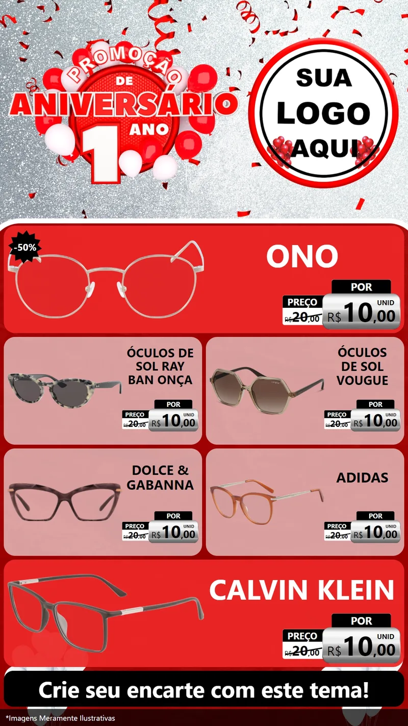 Modelo de TV para TV Vertical com o tema Promoção de Aniversário - 1 Ano para Óticas