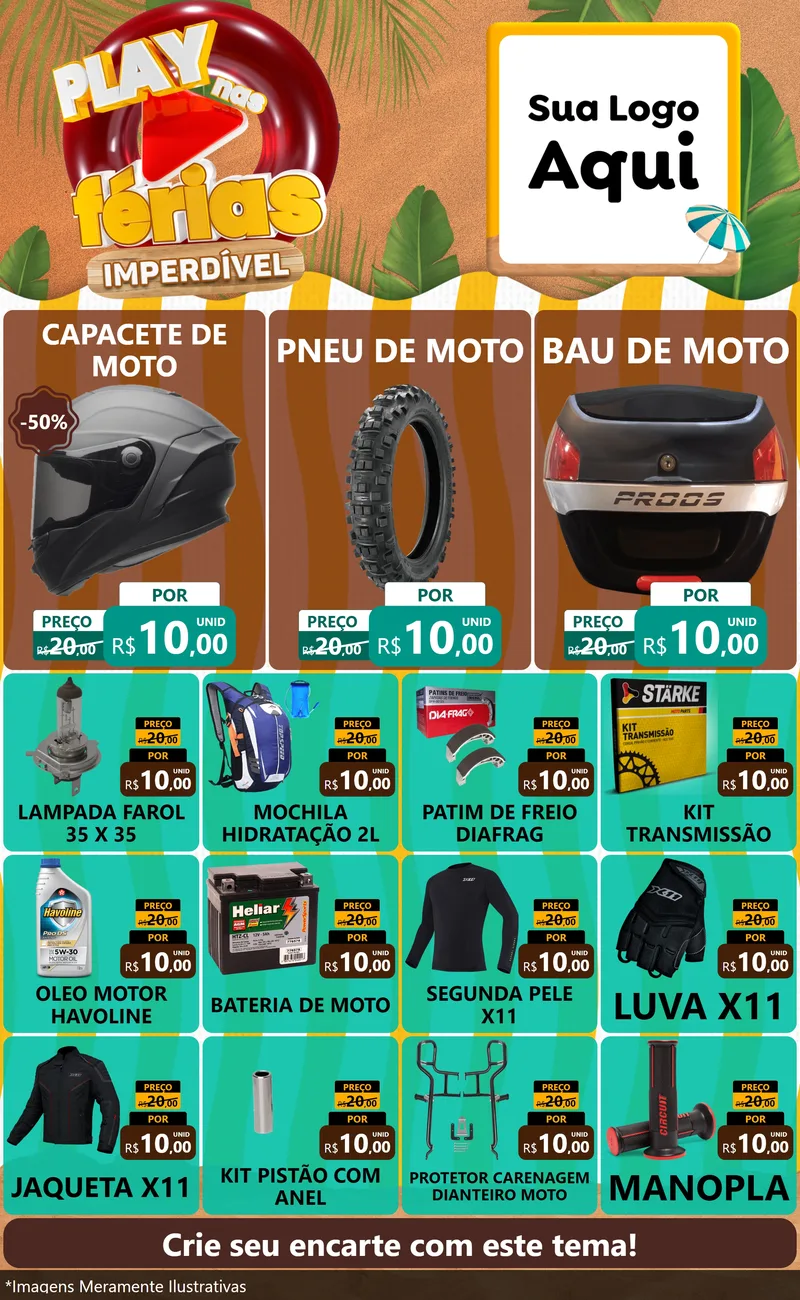Modelo de Encarte para Encarte Grande com o tema Play Nas Férias Imperdível para Moto peças