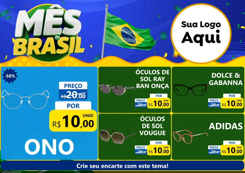 Modelo de Encarte para Encarte A4 Horizontal com o tema Mês do Brasil para Óticas