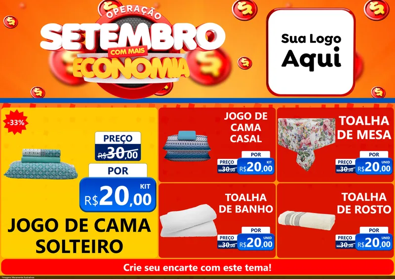 Modelo de Encarte para Encarte A4 Horizontal com o tema Operação Setembro Com Muita Economia para Cama, Mesa e Banho