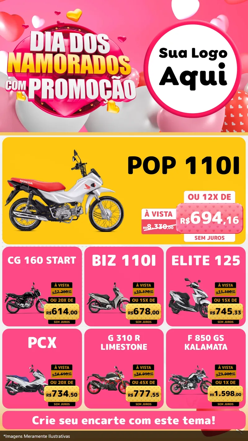 Modelo de Rede Social para Stories com o tema Dia dos Namorados com Promoção para Concessionaria de Motos