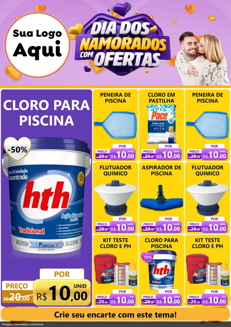 Modelo de Encarte para Encarte A4 Vertical com o tema Dia Dos Namorados Com Ofertas para Produtos para Piscina