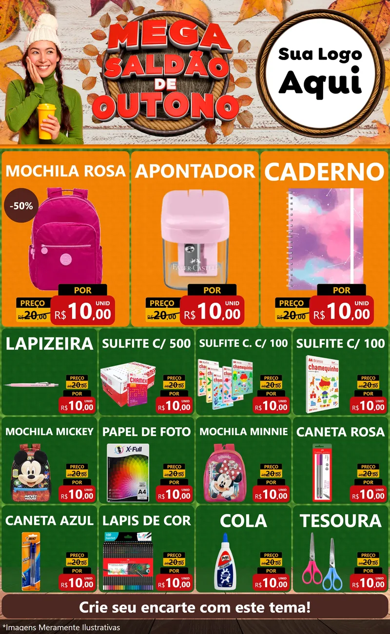 Modelo de Encarte para Encarte Grande com o tema Mega Saldão de Outono para Papelaria