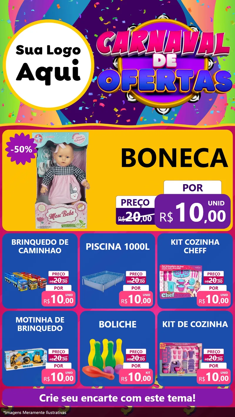 Modelo de Rede Social para Stories com o tema Carnaval de Ofertas para Brinquedos