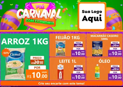 Modelo de Encarte para Encarte A4 Horizontal com o tema Pré-Carnaval Com Economia para Supermercado