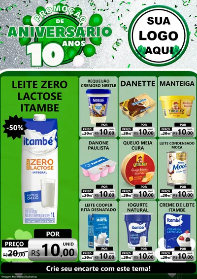 Modelo de Encarte para Encarte A4 Vertical com o tema Promoção de Aniversário - 10 Anos para Frios e Laticínios