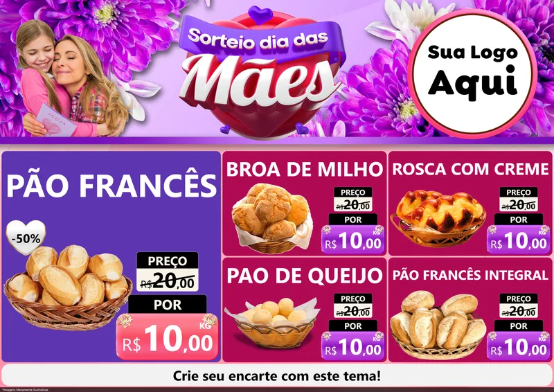 Modelo de Encarte para Encarte A4 Horizontal com o tema Sorteio Dia das Mães para Padaria
