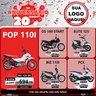 Modelo de Rede Social para Feed Facebook com o tema Promoção de Aniversário - 20 Anos para Concessionaria de Motos