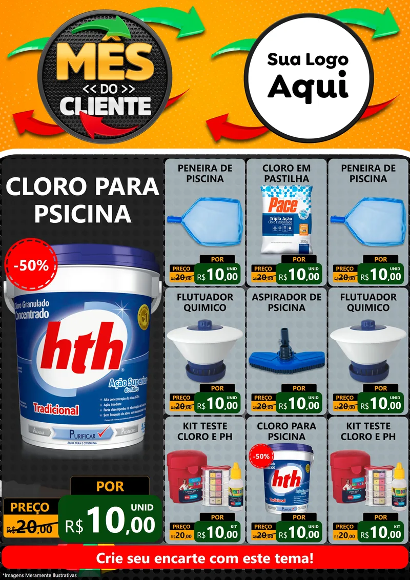 Modelo de Encarte para Encarte A4 Vertical com o tema Mês do Cliente para Produtos para Piscina