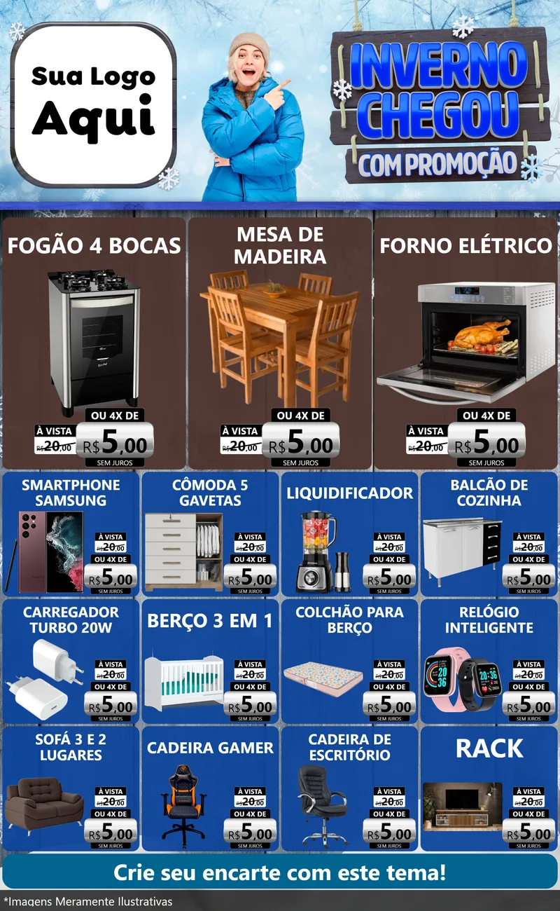 Modelo de Encarte para Encarte Grande com o tema Inverno Chegou Com Promoção para Móveis e Eletro