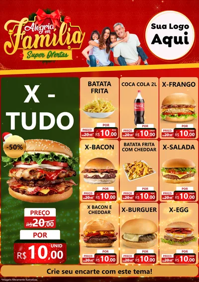 Modelo de Encarte para Encarte A4 Vertical com o tema Alegria em Família Super Ofertas - Natal para Hamburgueria