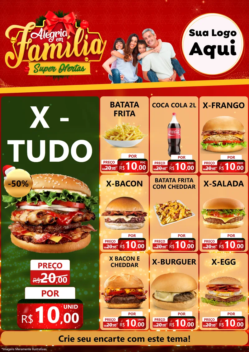 Modelo de Encarte para Encarte A4 Vertical com o tema Alegria em Família Super Ofertas - Natal para Hamburgueria