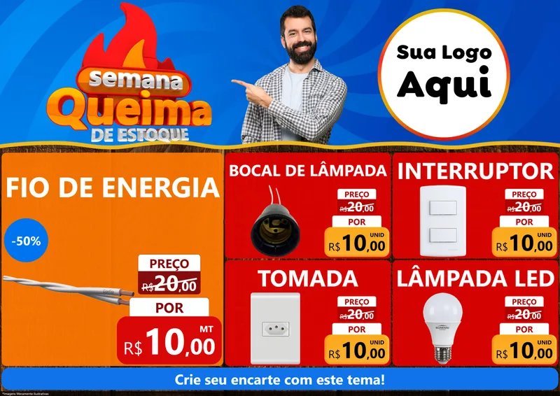 Modelo de Encarte para Encarte A4 Horizontal com o tema Semana Queima de Estoque para Materiais Elétricos