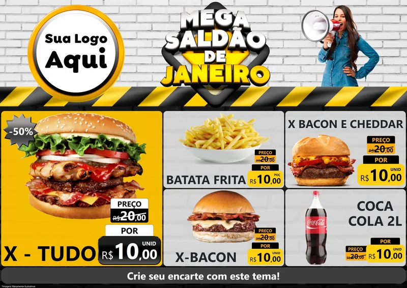 Modelo de Encarte para Encarte A4 Horizontal com o tema Mega Saldão de Janeiro para Hamburgueria