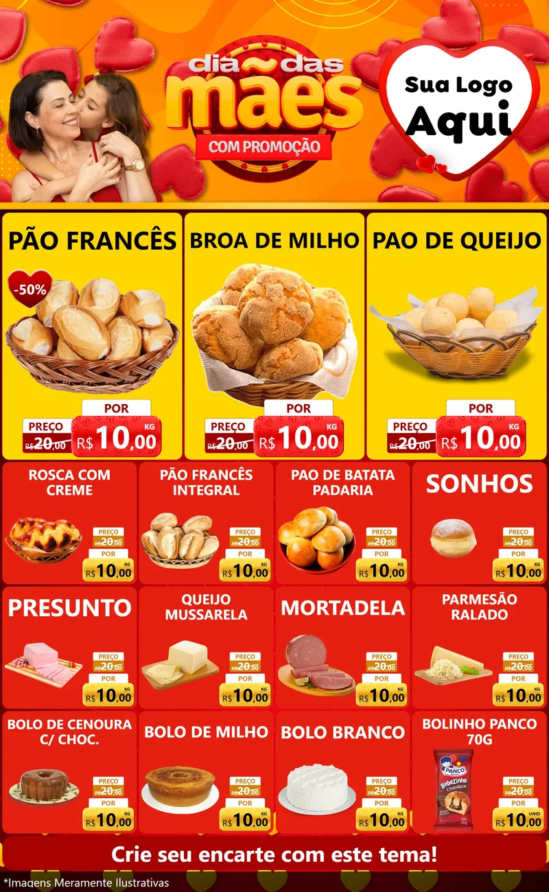 Modelo de Encarte para Encarte Grande com o tema Dia das Mães com Promoção para Padaria
