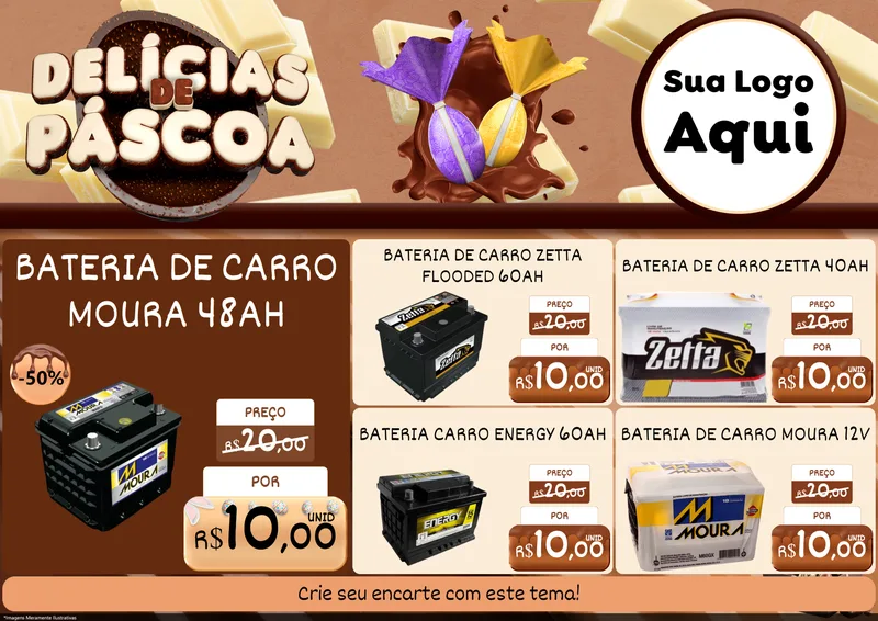 Modelo de Encarte para Encarte A4 Horizontal com o tema Delícias de Páscoa para Baterias Elétricas