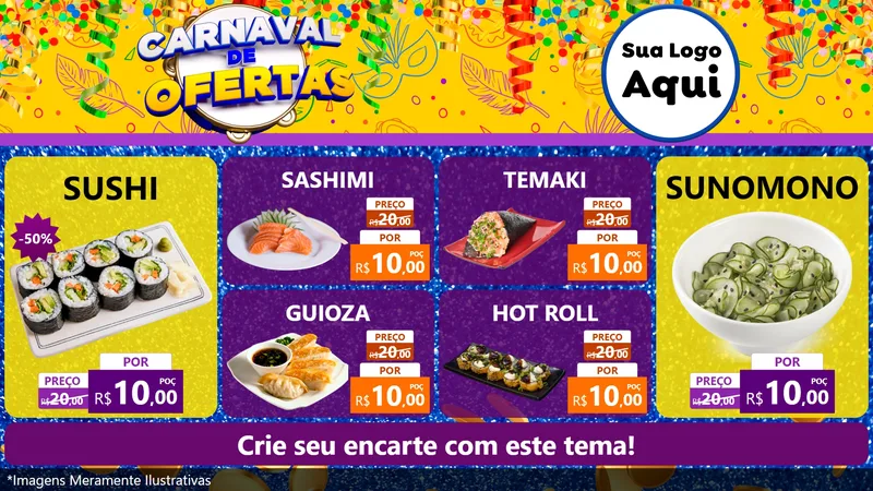 Modelo de TV para TV Horizontal com o tema Carnaval de Ofertas para Comida japonesa