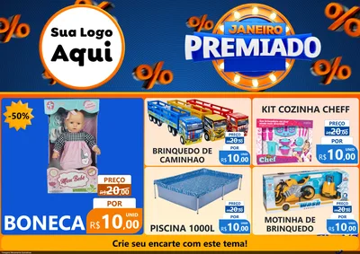 Modelo de Encarte para Encarte A4 Horizontal com o tema Janeiro Premiado para Brinquedos
