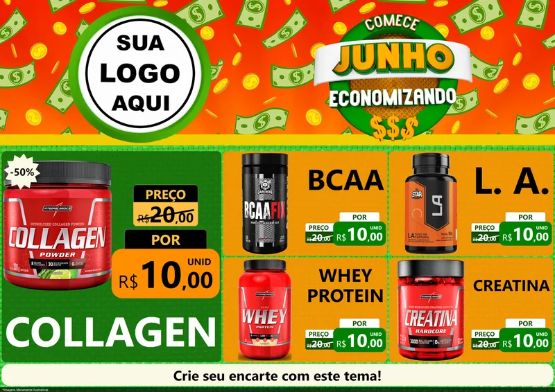 Modelo de Encarte para Encarte A4 Horizontal com o tema Comece Junho Economizando para Suplementos alimentares