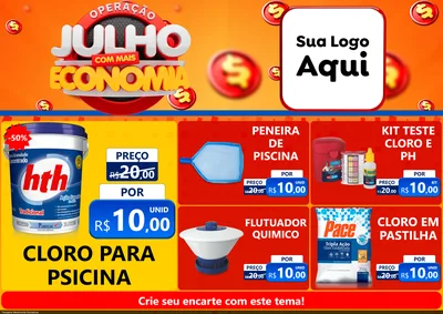 Modelo de Encarte para Encarte A4 Horizontal com o tema Operação Julho Com Mais Economia para Produtos para Piscina