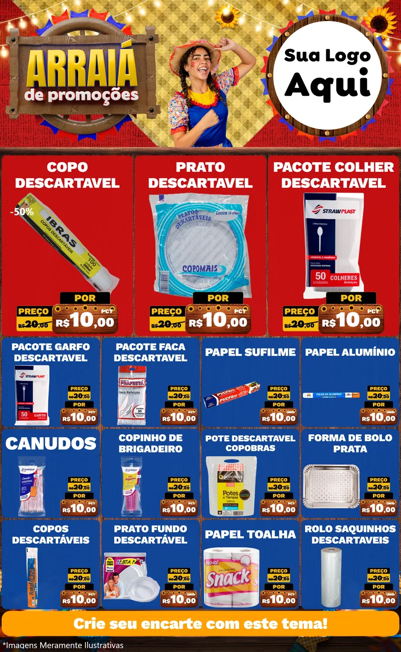 Modelo de Encarte para Encarte Grande com o tema Arraiá de Promoções para Embalagens