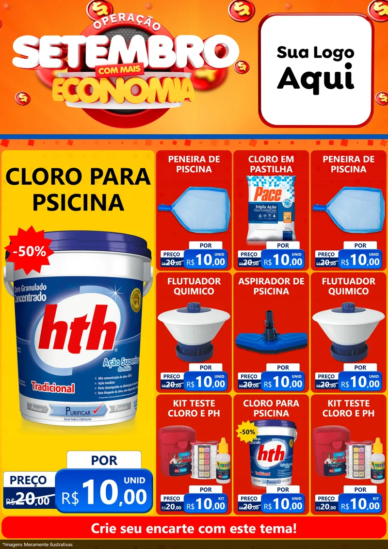 Modelo de Encarte para Encarte A4 Vertical com o tema Operação Setembro Com Muita Economia para Produtos para Piscina
